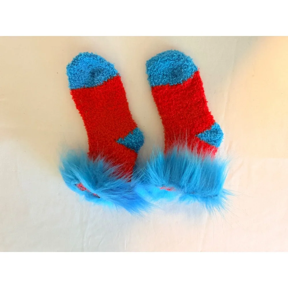 Unbranded Fuzzy Socks Kids Small Red Blue Excellent Faux Fur Trim Dr Seuss Style